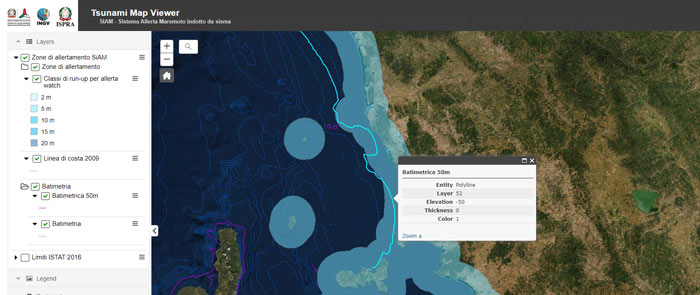 Visualizzazione dei dati su mappa nel portale SIAM (SIstema Allerta Maremoto indotto da sisma)